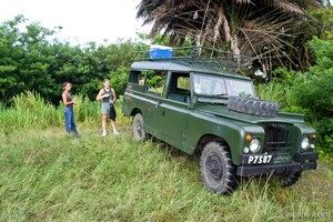 Getting ready for the rain forest hike up to the crater of an inactive volcano
