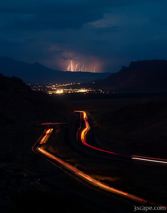 Hwy. 191, Moab, and lightning over the La Sal Mountains