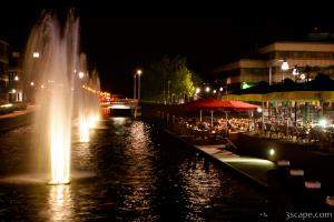 Fountains and riverside restaurants