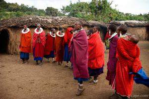 Group of Maasai women welcoming us to their village