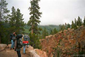 Group of hikers on a foggy day