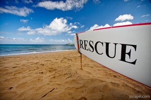 Rescue surfboard for lifeguard at DT Fleming Beach Park
