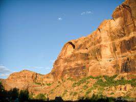 Morning light on the rock face above Goose Island campground