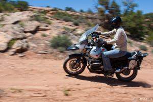 Falke maneuvering his BMW R1150GS on the trail