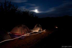 Night shot of camp site at Goose Island