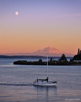 Mount Rainier, sailboat, and moon