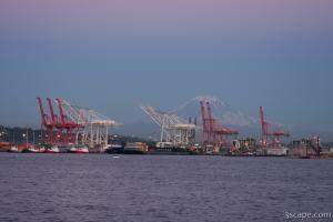 Port of Seattle with Mount Rainier at dusk