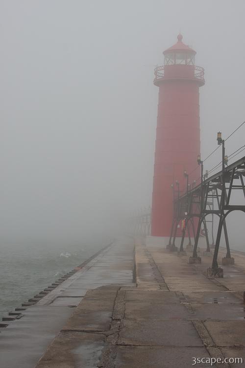 Lighthouse in thick Lake Michigan fog