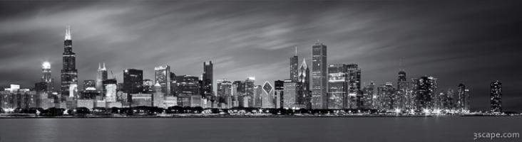 Chicago Skyline At Night Black And White Panoramic