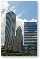 License: Aon Building (left), Fairmont Hotel and 2 Prudential Plaza (middle), and Swissotel Chicago (right)