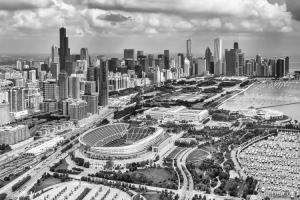 Soldier Field and Chicago Skyline Black and White