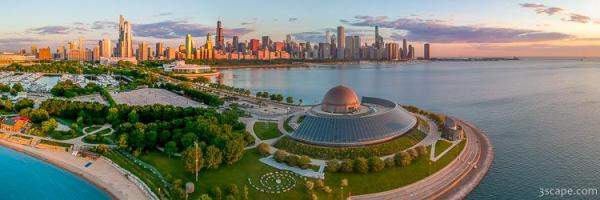 Adler Planetarium and Chicago Skyline Dawn Panoramic