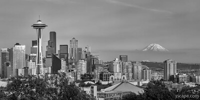 Seattle Skyline and Mt. Rainier Panoramic Black and White