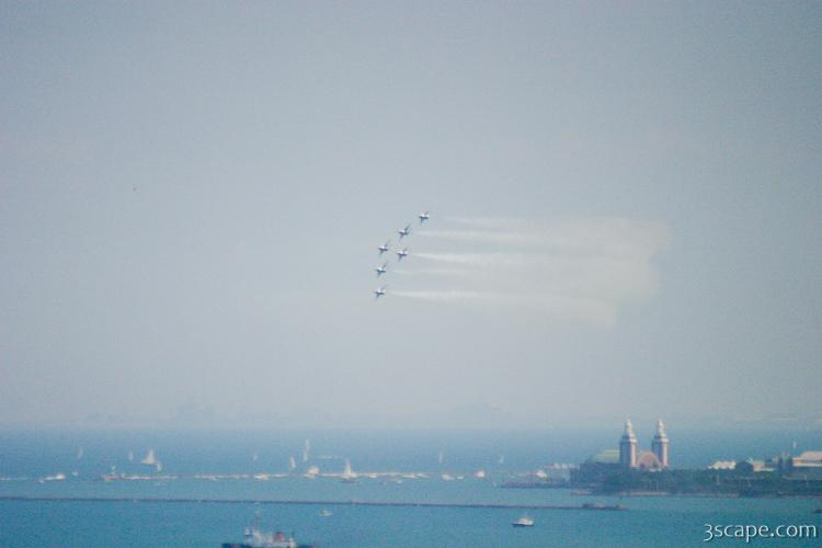 USAF F-16 Thunderbirds in Delta formation over Chicago's lakefront