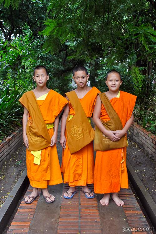 Three young Buddhist monks at a monastery in Chiang Mai, Thailand