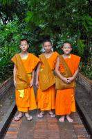 Three young Buddhist monks at a monastery in Chiang Mai, Thailand