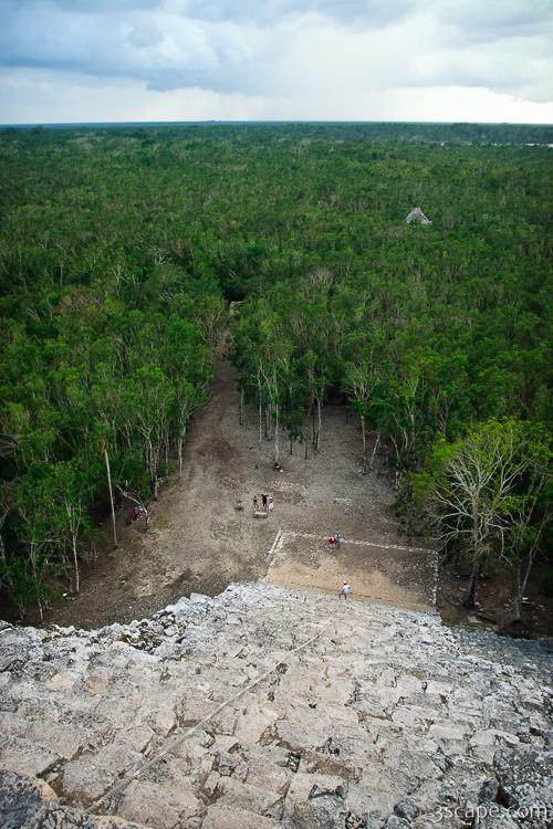 Looking down the steps of Coba's pyramid