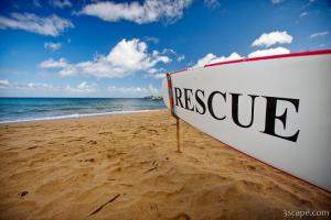 Rescue surfboard for lifeguard at DT Fleming Beach Park