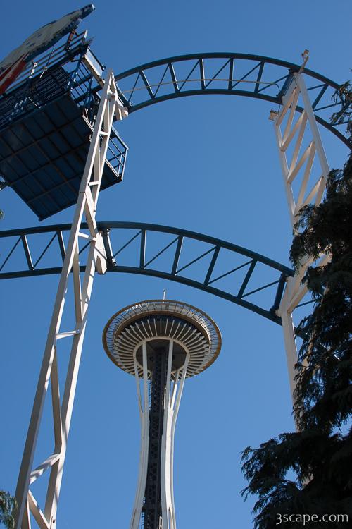 Seattle Space Needle under roller coaster