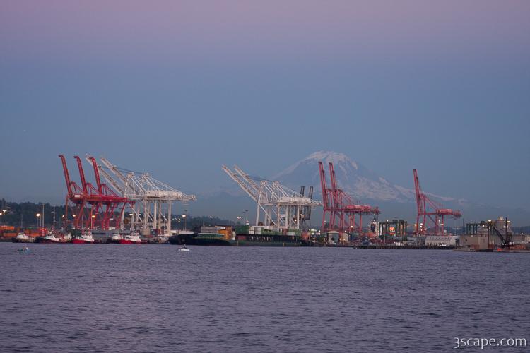 Port of Seattle with Mount Rainier at dusk