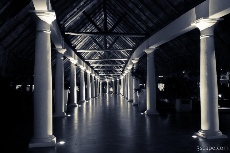 Long corridor with pillars in black and white
