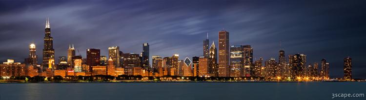 Chicago Skyline at Night Panoramic Wide Photograph by Adam Romanowicz