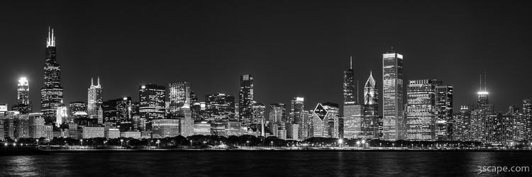 Chicago Skyline at Night Black and White Panoramic