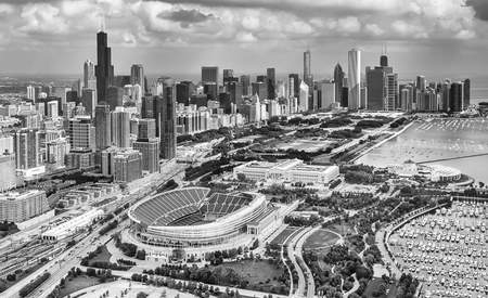 Soldier Field and Chicago Skyline Black and White Framed Print