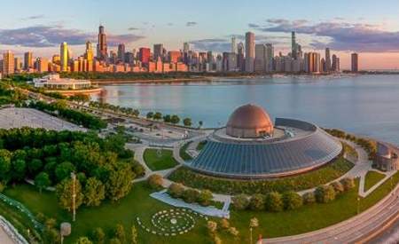 Adler Planetarium and Chicago Skyline Dawn Panoramic Framed Print