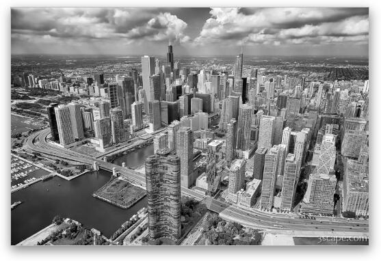 Downtown Chicago Aerial Black and White Fine Art Metal Print