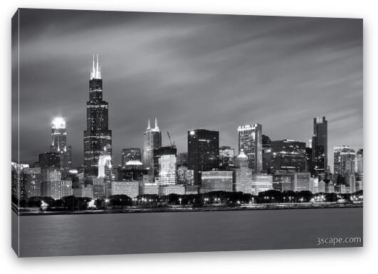 Chicago Skyline At Night Black And White  Fine Art Canvas Print
