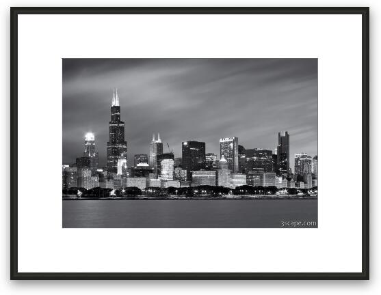 Chicago Skyline At Night Black And White  Framed Fine Art Print
