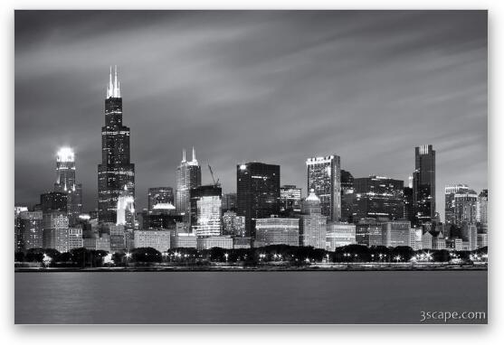 Chicago Skyline At Night Black And White  Fine Art Metal Print