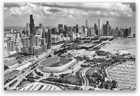 Soldier Field and Chicago Skyline Black and White Fine Art Metal Print