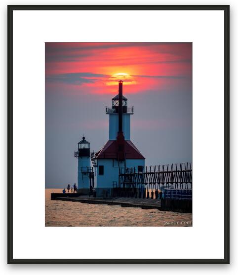 St. Joseph North Pier Lights at Sunset Framed Fine Art Print