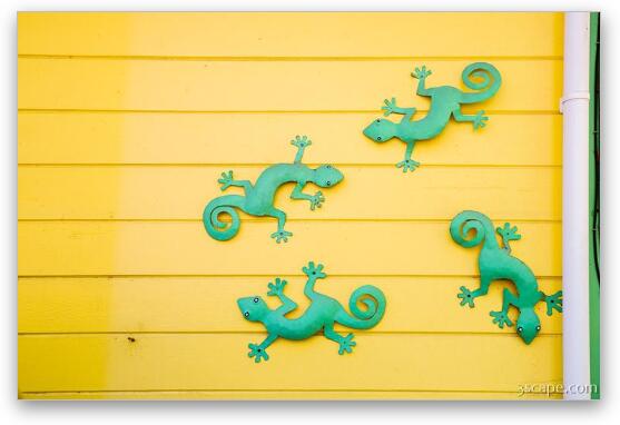 Green Geckos on Yellow Wall Fine Art Metal Print