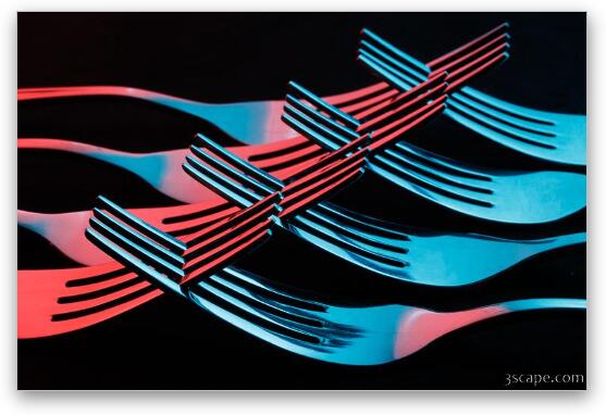 Red and Blue Intertwined Forks Abstract Fine Art Metal Print