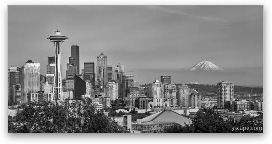 Seattle Skyline and Mt. Rainier Panoramic Black and White Fine Art Metal Print