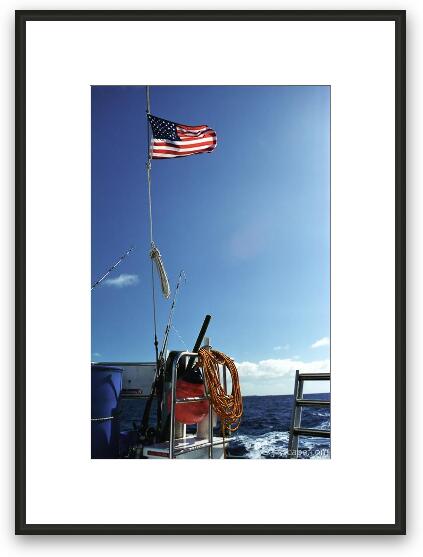American flag on the boat stern Framed Fine Art Print