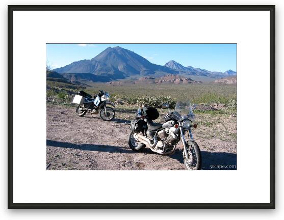 Bikes near inactive volcano Framed Fine Art Print