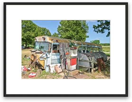 Old school bus at Richard's Canoe Rental and Campground Framed Fine Art Print