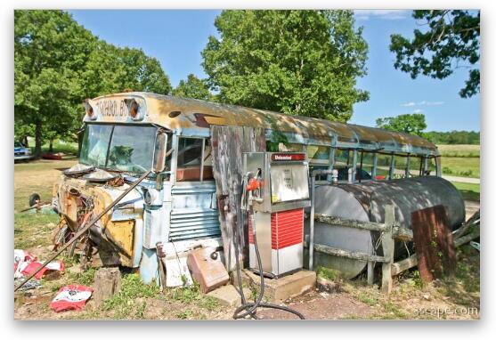 Old school bus at Richard's Canoe Rental and Campground Fine Art Metal Print
