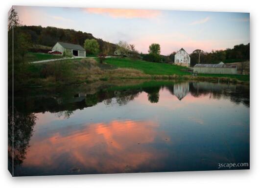 Barn, pond, sky at sunset Fine Art Canvas Print