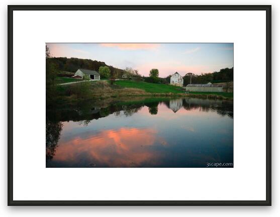 Barn, pond, sky at sunset Framed Fine Art Print