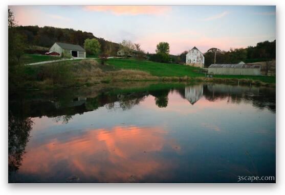 Barn, pond, sky at sunset Fine Art Metal Print