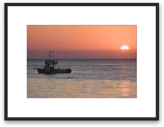 Sunset and dive boat Framed Fine Art Print