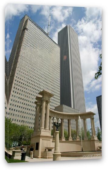 Prudential and Aon Buildings and Greek columns near Millenium Park Fine Art Canvas Print