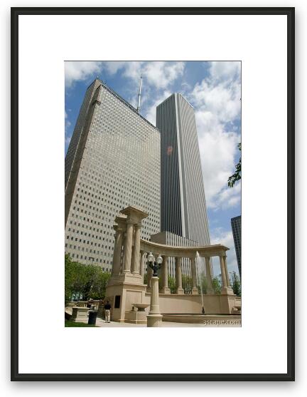 Prudential and Aon Buildings and Greek columns near Millenium Park Framed Fine Art Print