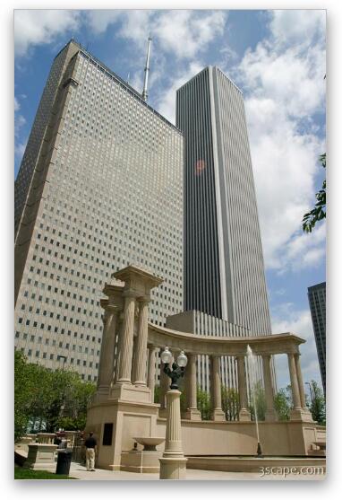 Prudential and Aon Buildings and Greek columns near Millenium Park Fine Art Metal Print