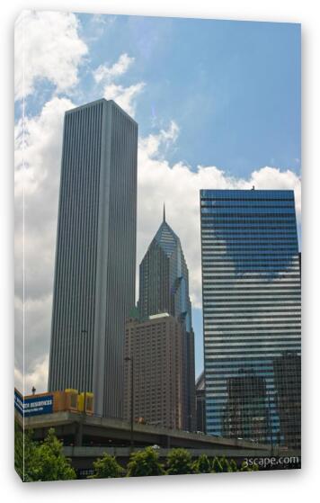 Aon Building (left), Fairmont Hotel and 2 Prudential Plaza (middle), and Swissotel Chicago (right) Fine Art Canvas Print